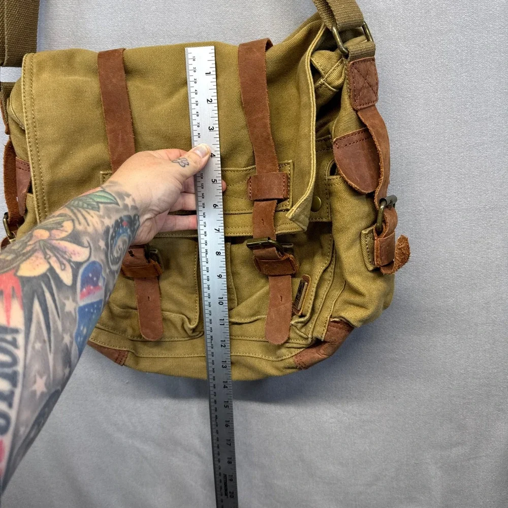 S.C. Cotton Military Messenger Bag Khaki Canvas Leather Trim Crossbody Satchel